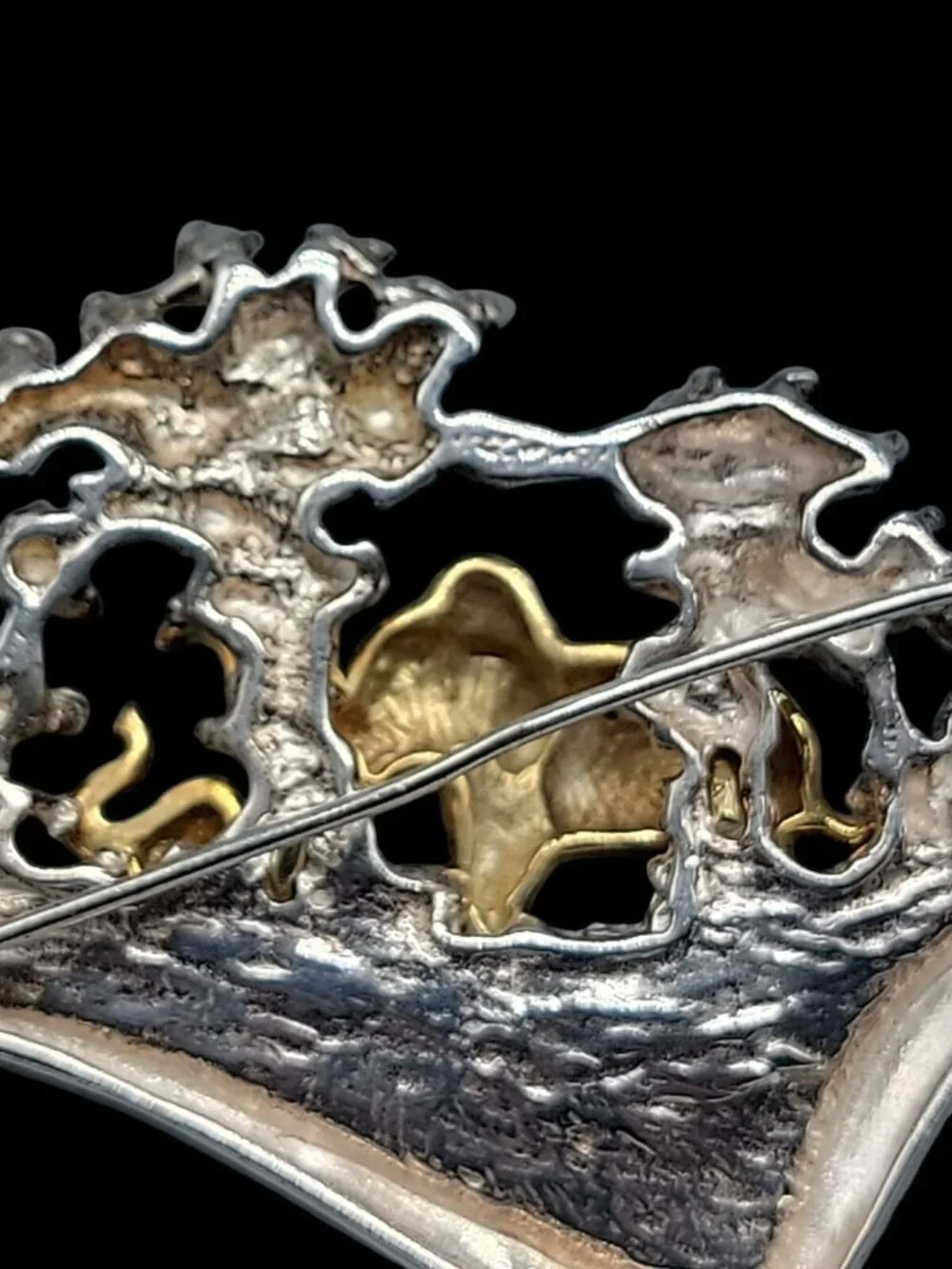 FB Sterling Silver w/10k Elephants Brooch Marching Through Detailed Scene